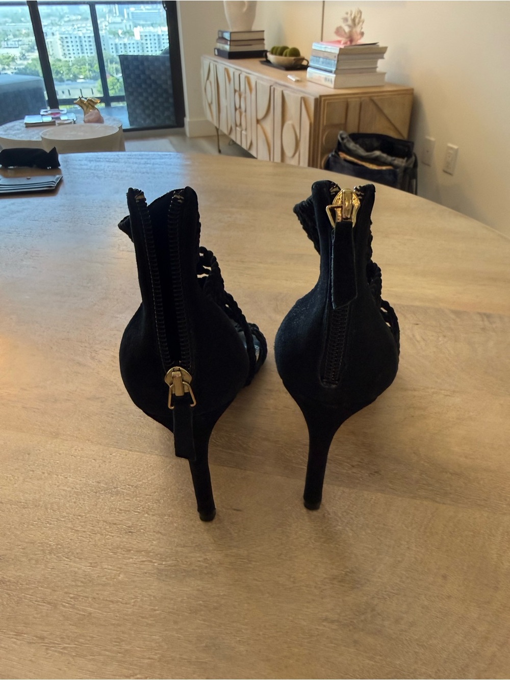 Sandro Black Suede Stiletto Heel Sandals with Gold Zippers